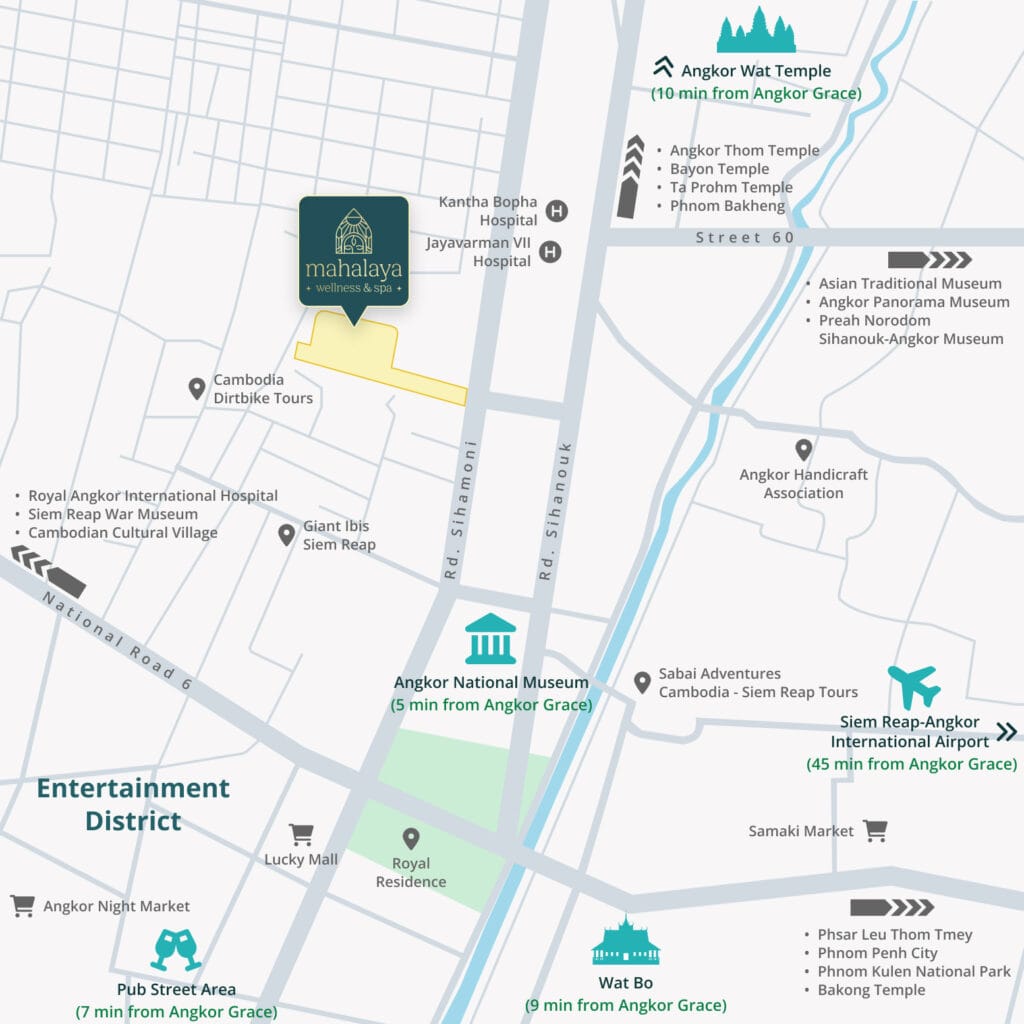 Map of Mahalaya Luxury Spa, Siem Reap Mahalaya, massages and Holistic therapies & hydrotherapy - Energy healing, Angkor Grace Cambodia